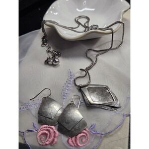 Vintage Marjorie Baer SF Necklace Earrings Set Silver Tone Geometric 28"